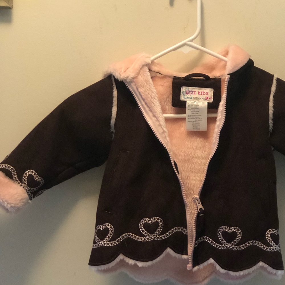 Choc Brown Suede Look w/Pink Trim and Faux Fur Inside 12 Month Coat Zip NWOT
